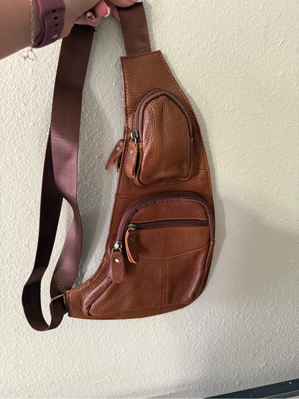 Brown Pebbled Leather-Look Sling Bag Multi Pocket Crossbody Backpack